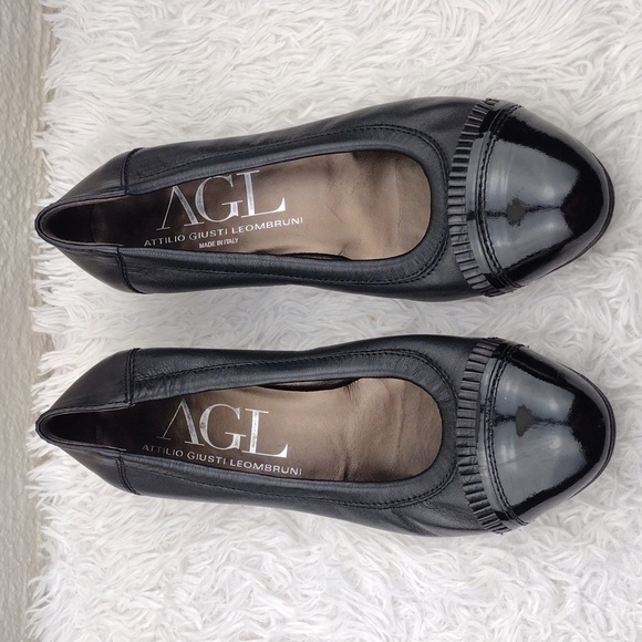 AGL Attilio Giusti Leombruni Black Leather Patent Fringe Toe Low Heel Pump Shoe - Picture 3 of 16
